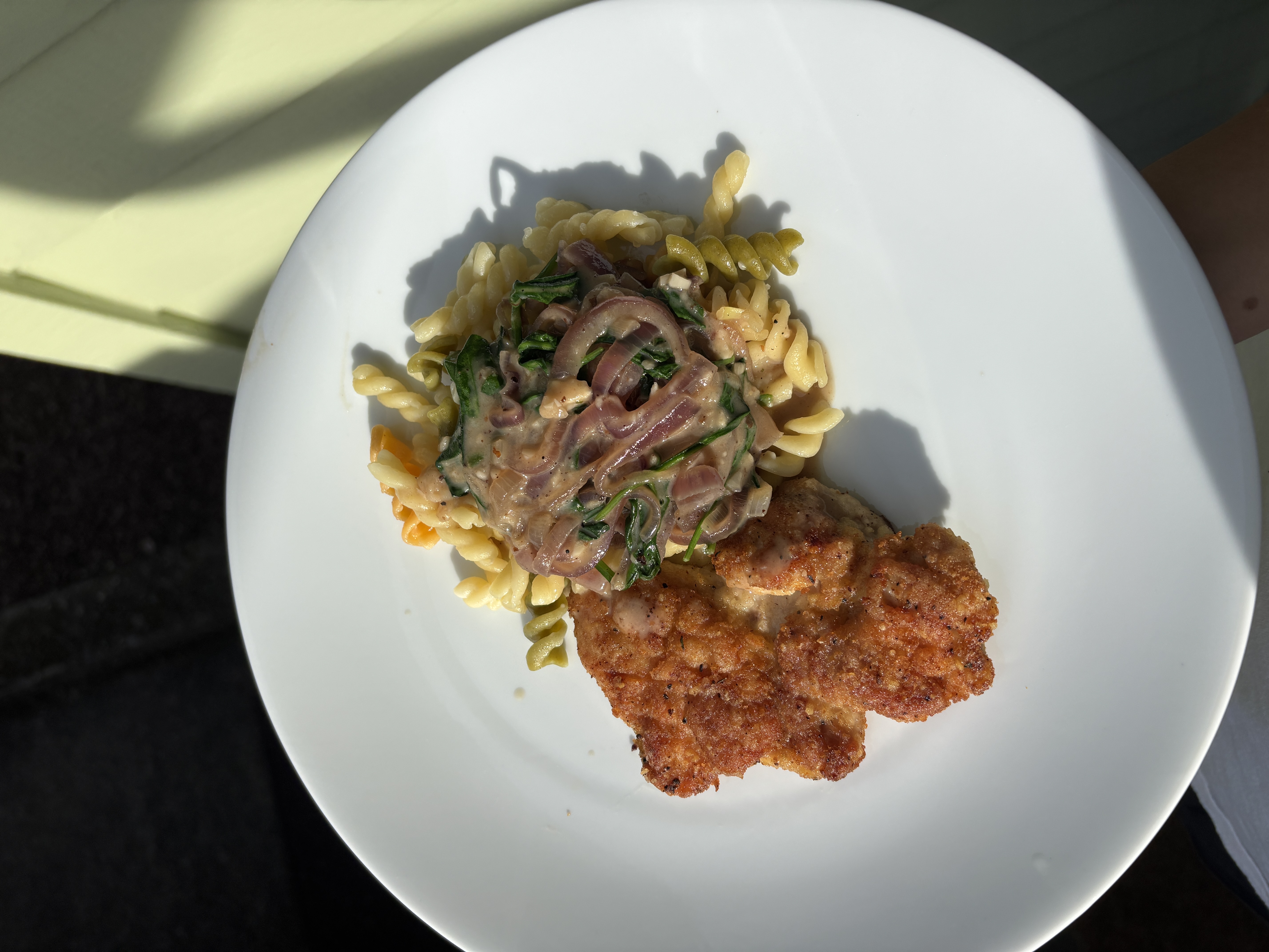 crispy chicken cutlet & spinach pasta