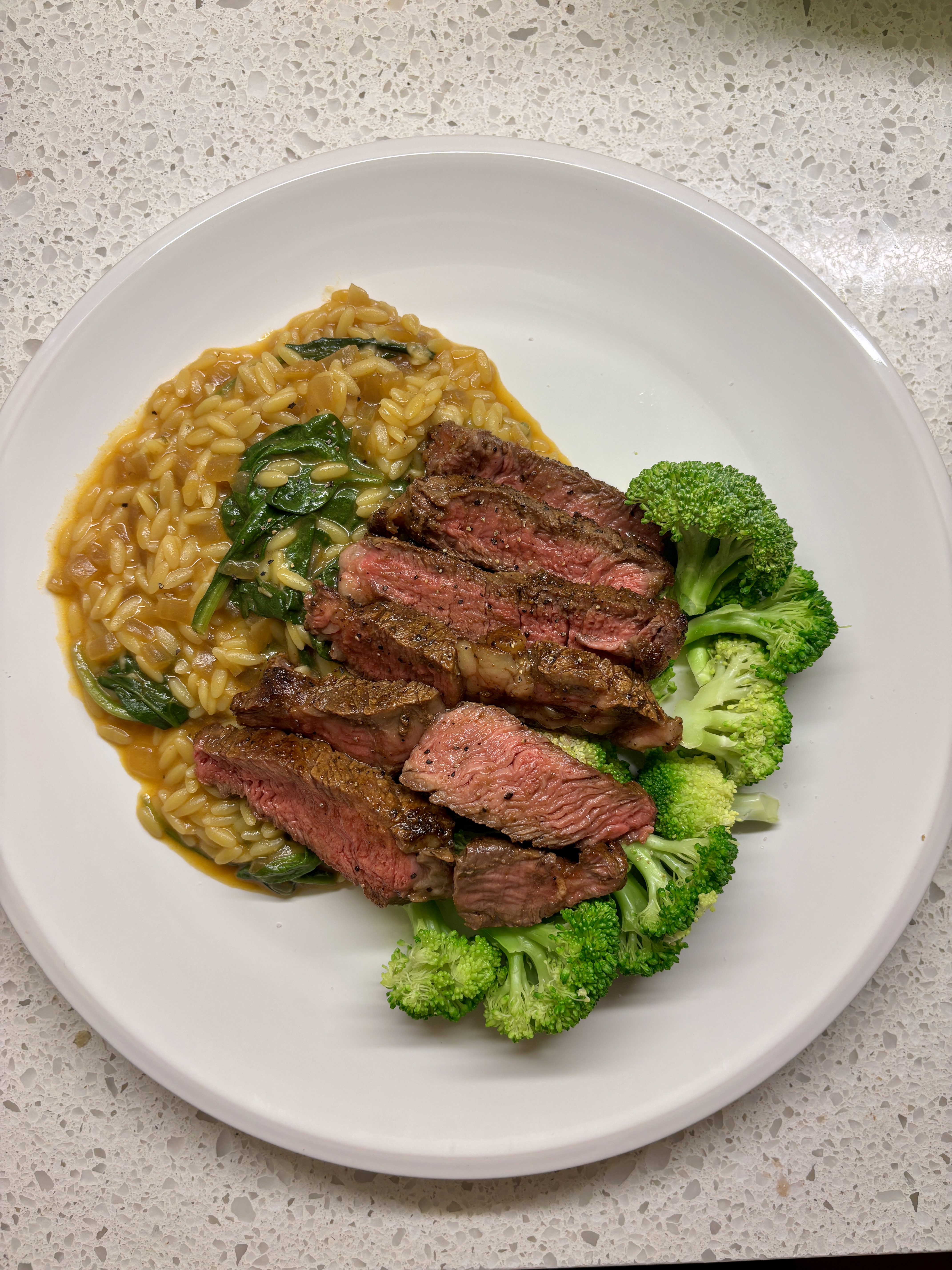 steak with creamy tomato orzo & broccoli